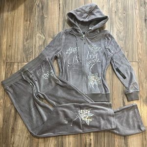 BCBG Max Azria Color CINDER Embellished Peacock Velour Sweat Lounge Pants Hoodie